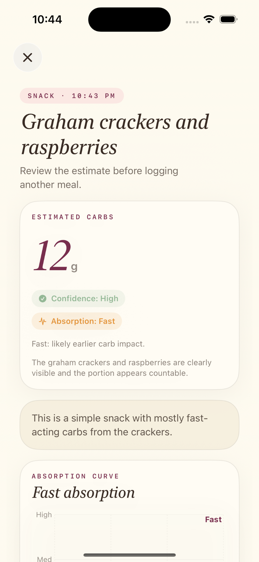 CarbCue meal result screen showing estimated carbs, confidence, and absorption curve