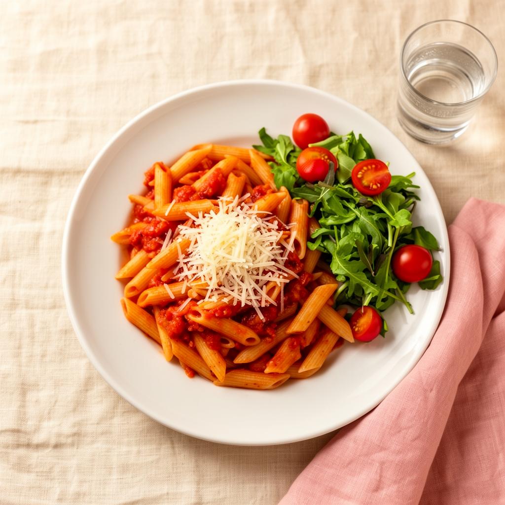 A plate of penne pasta with tomato sauce and a side salad